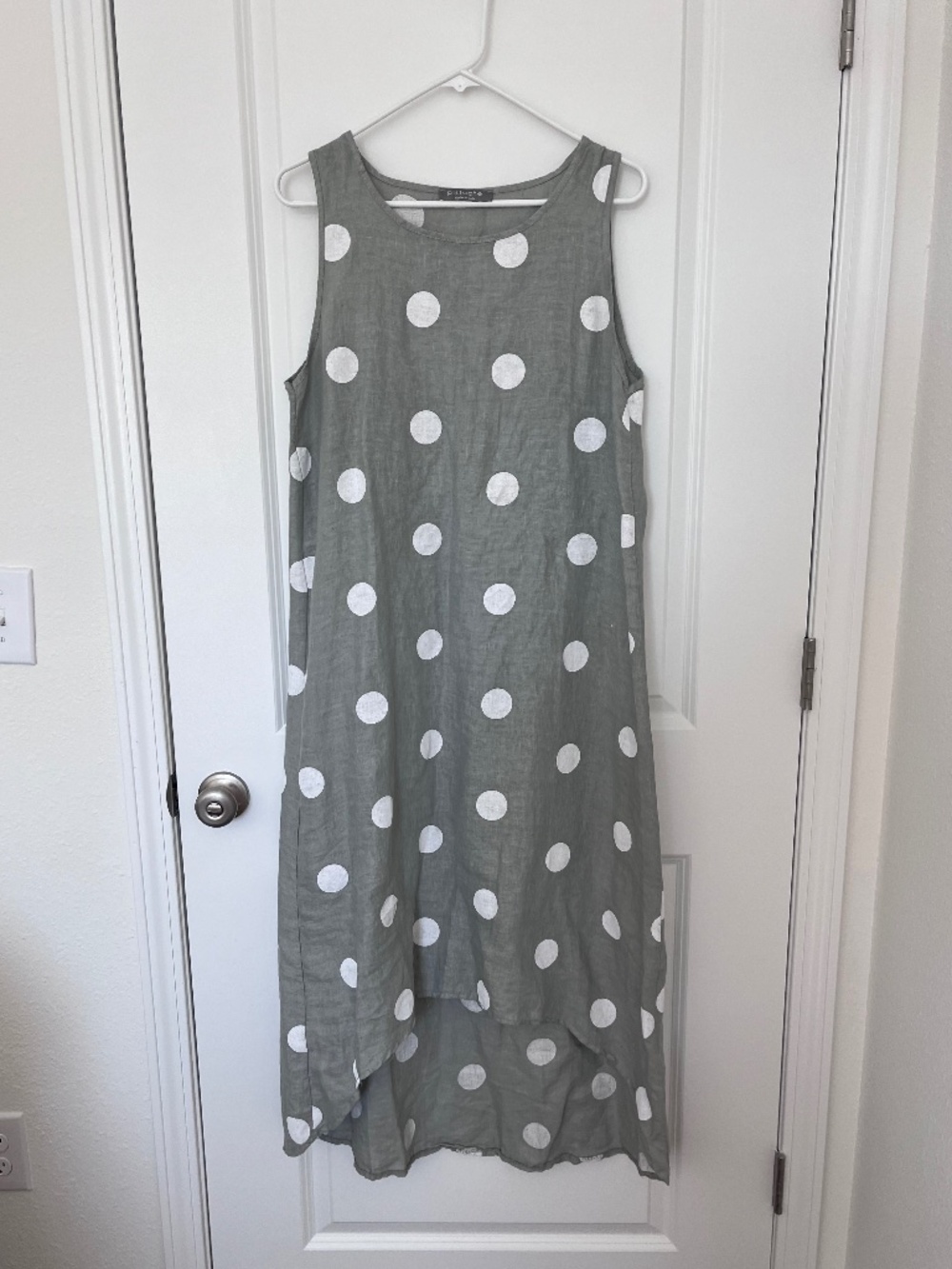 Pistache 100% Linen high-low polka dot dress